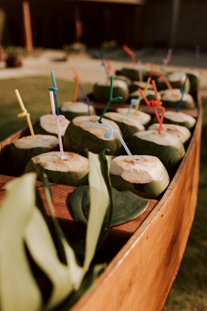 cocos com água de coco em um barco